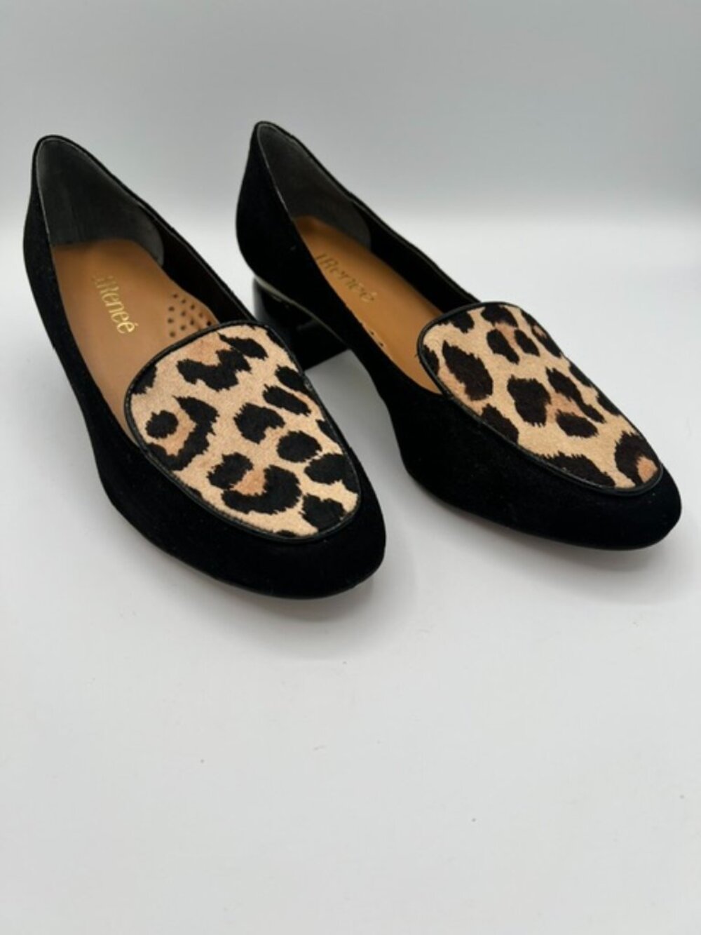J. Renée Black Leopard Calf Hair Loafers Block Heel Size 8.5